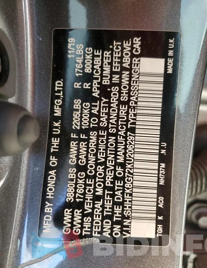 SHHFK8G72KU206297 Photo# 14