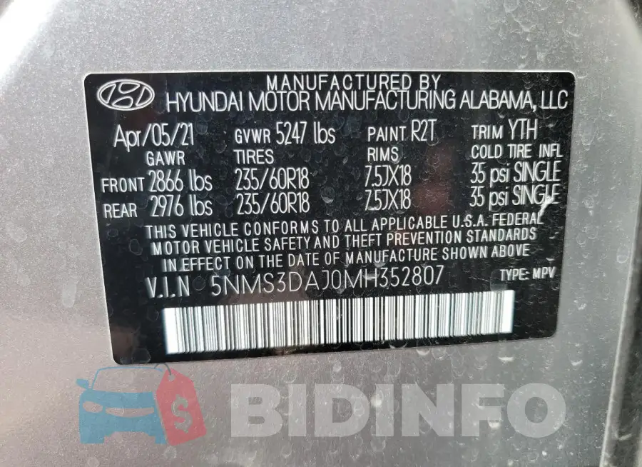 5NMS3DAJ0MH352807 Photo# 13