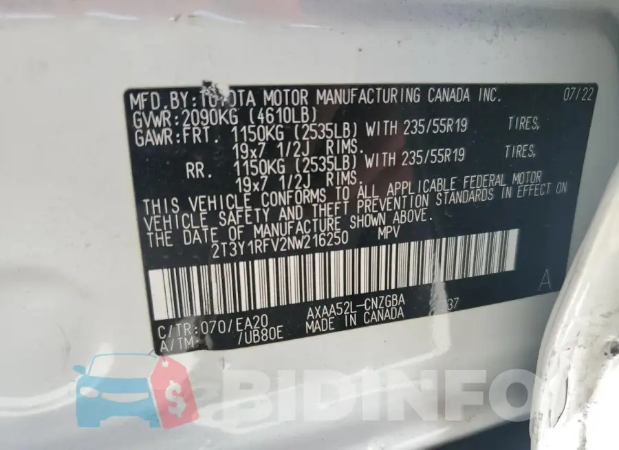2T3Y1RFV2NW216250 Photo# 12