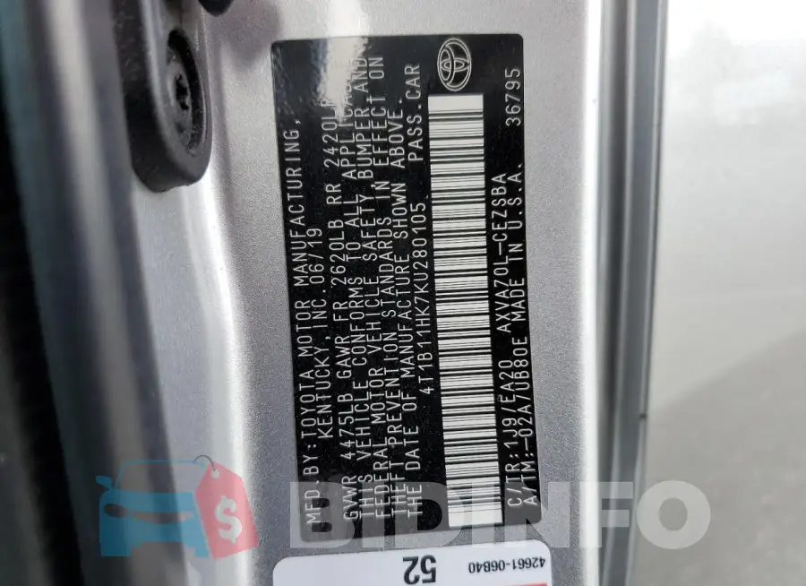 4T1B11HK7KU280105 Photo# 12