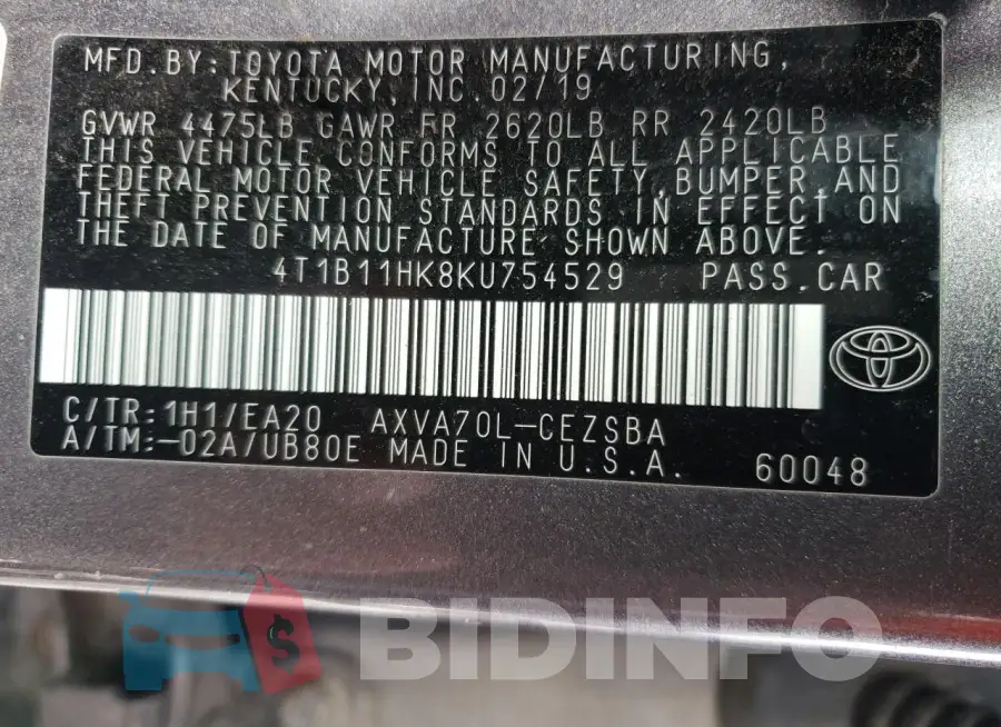 4T1B11HK8KU754529 Photo# 12