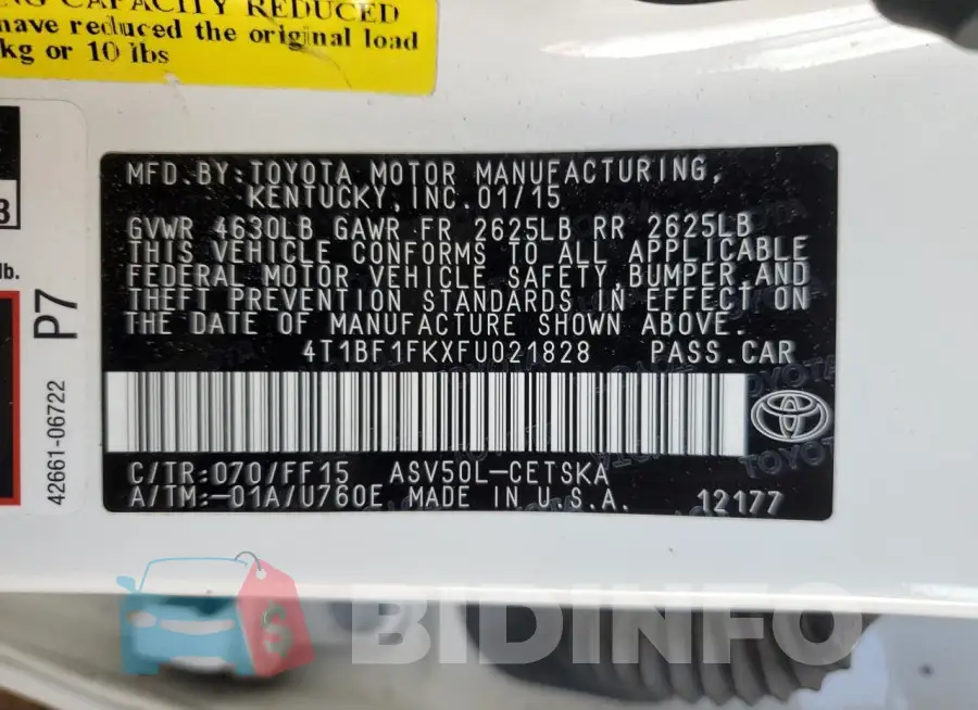 4T1BF1FKXFU021828 Photo# 12