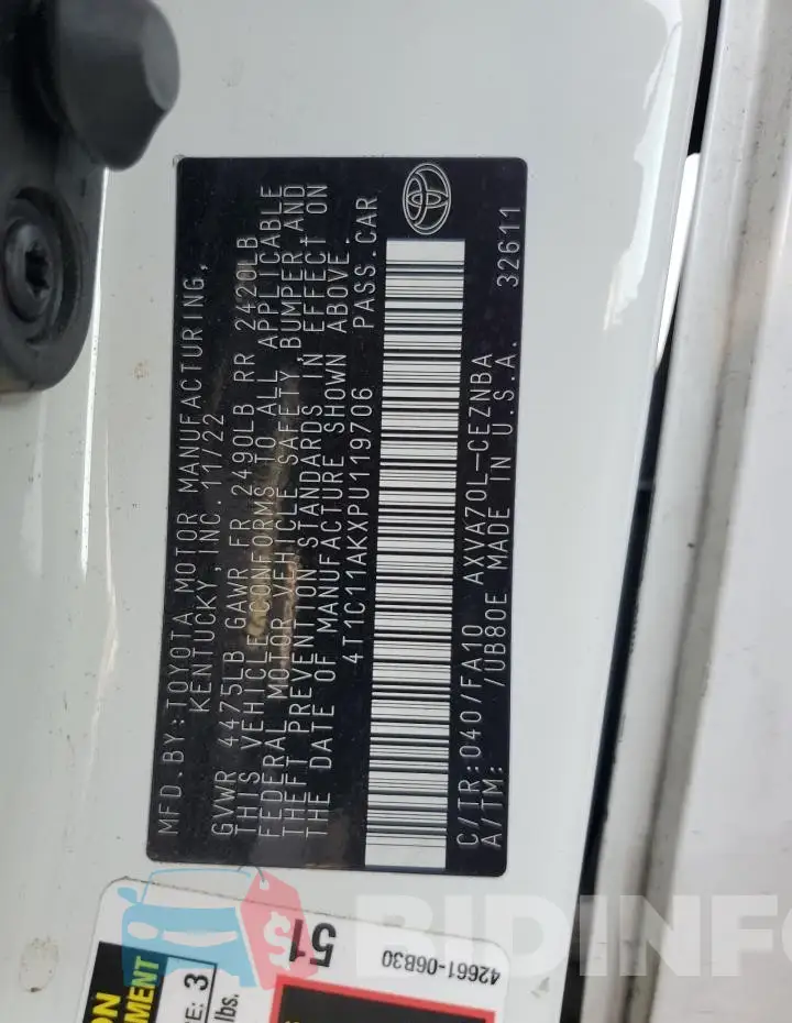 4T1C11AKXPU119706 Photo# 12