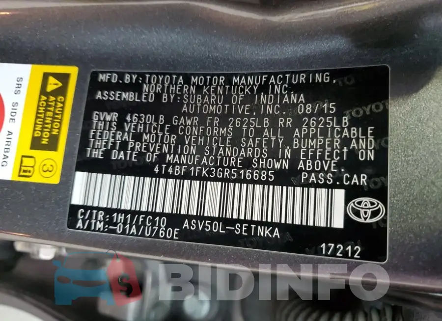 4T4BF1FK3GR516685 Photo# 12