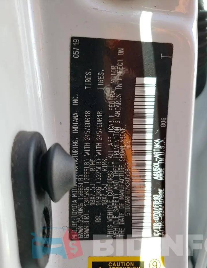 5TDZARFH7KS050853 Photo# 14