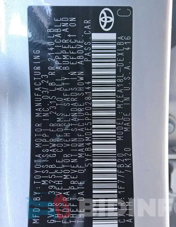 5YFB4MDE5PP028144 Photo# 12