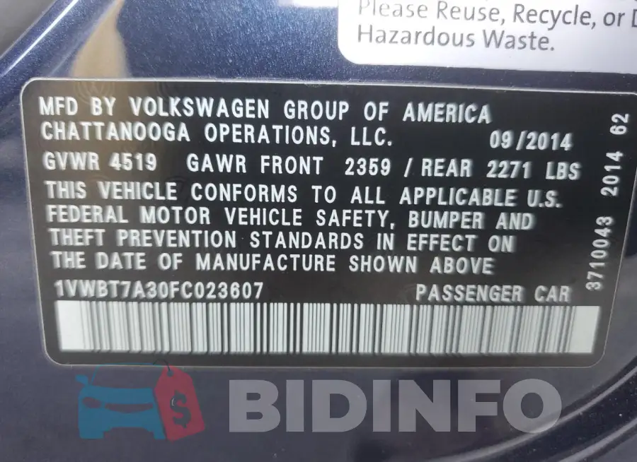 1VWBT7A30FC023607 Photo# 12