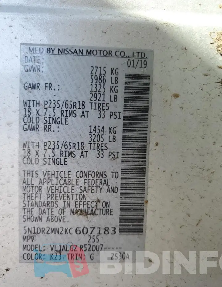 5N1DR2MN2KC607183 Photo# 12