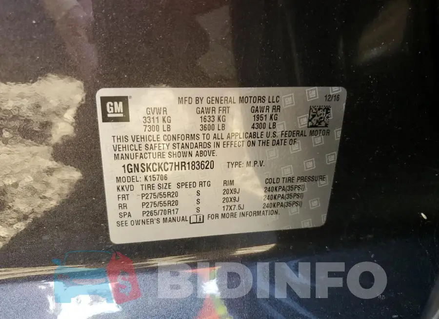 1GNSKCKC7HR183620 Photo# 12