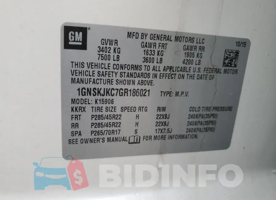 1GNSKJKC7GR186021 Photo# 13