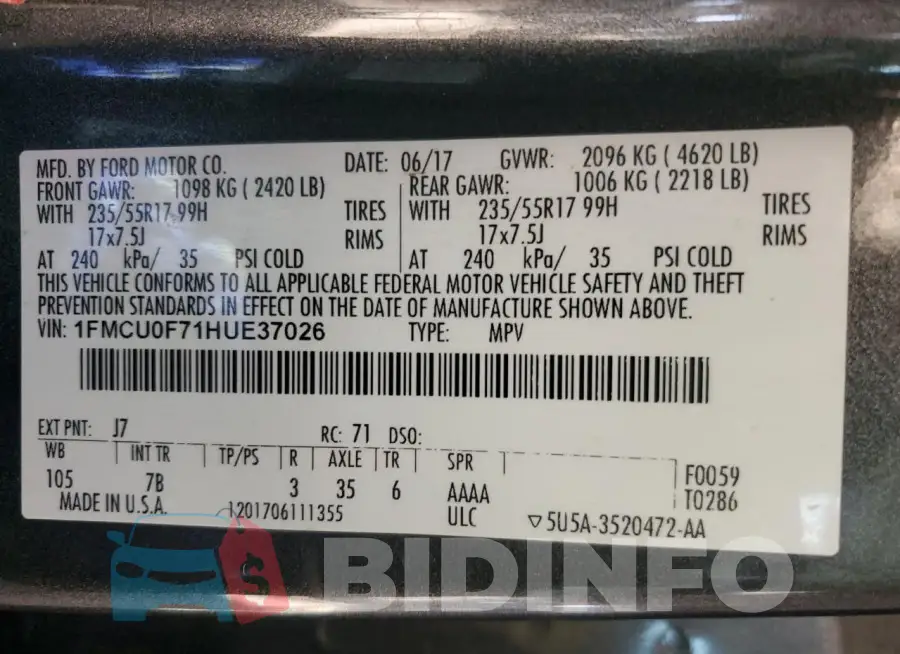 1FMCU0F71HUE37026 Photo# 13