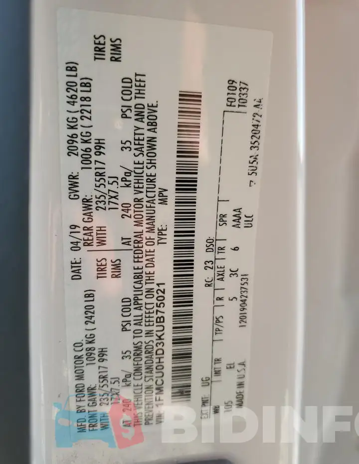 1FMCU0HD3KUB75021 Photo# 13