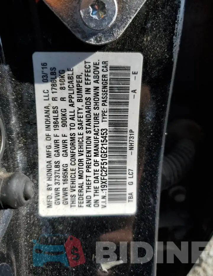 19XFC2F51GE215453 Photo# 13