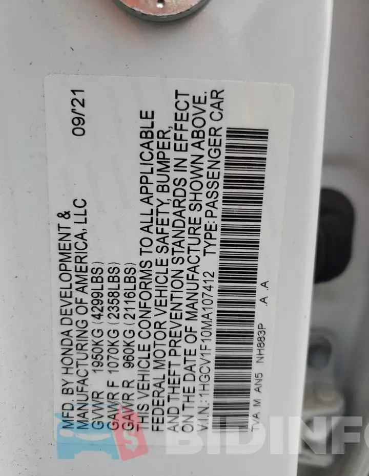 1HGCV1F10MA107412 Photo# 13