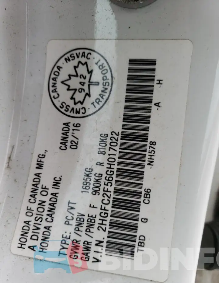 2HGFC2F56GH017022 Photo# 12