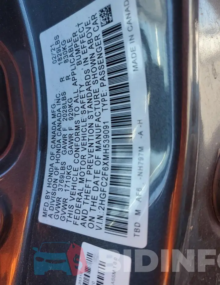 2HGFC2F6XMH539091 Photo# 12