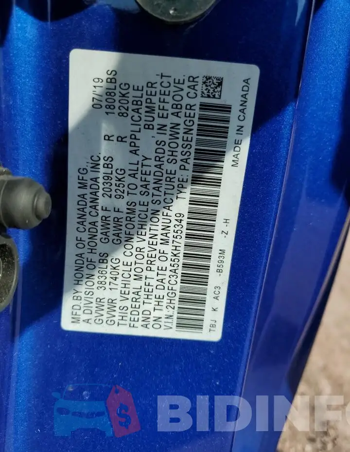 2HGFC3A55KH755349 Photo# 12