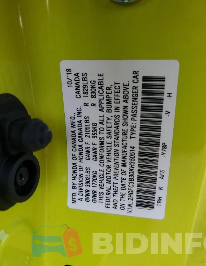 2HGFC3B30KH350514 Photo# 12