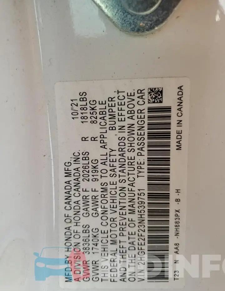 2HGFE2F23NH539751 Photo# 13