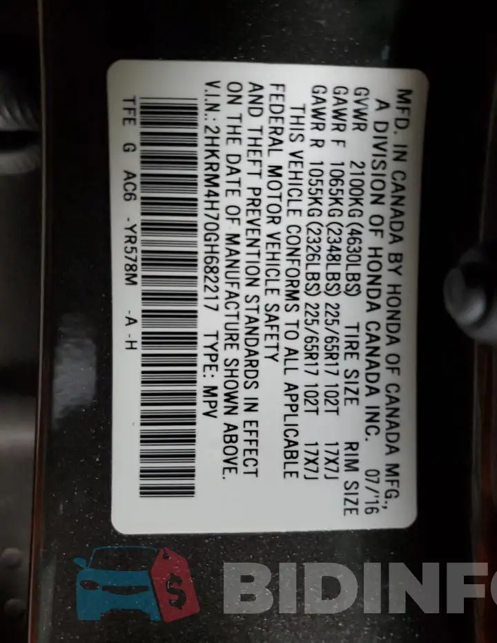 2HKRM4H70GH682217 Photo# 14