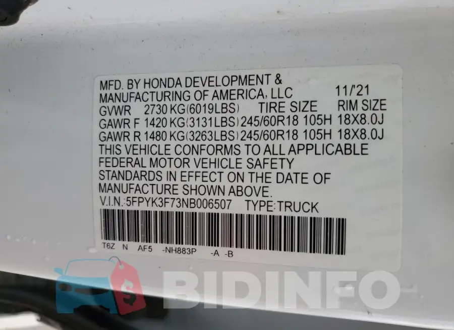5FPYK3F73NB006507 Photo# 12