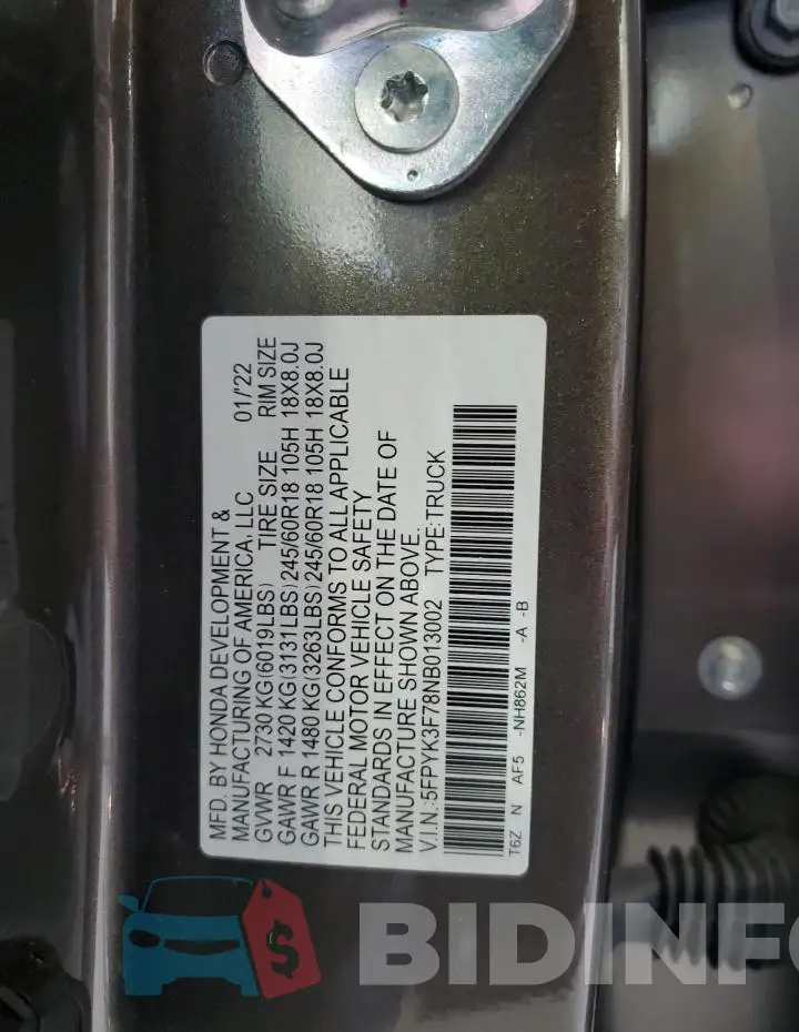 5FPYK3F78NB013002 Photo# 12