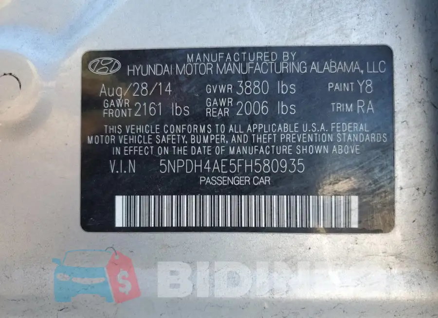 5NPDH4AE5FH580935 Photo# 12