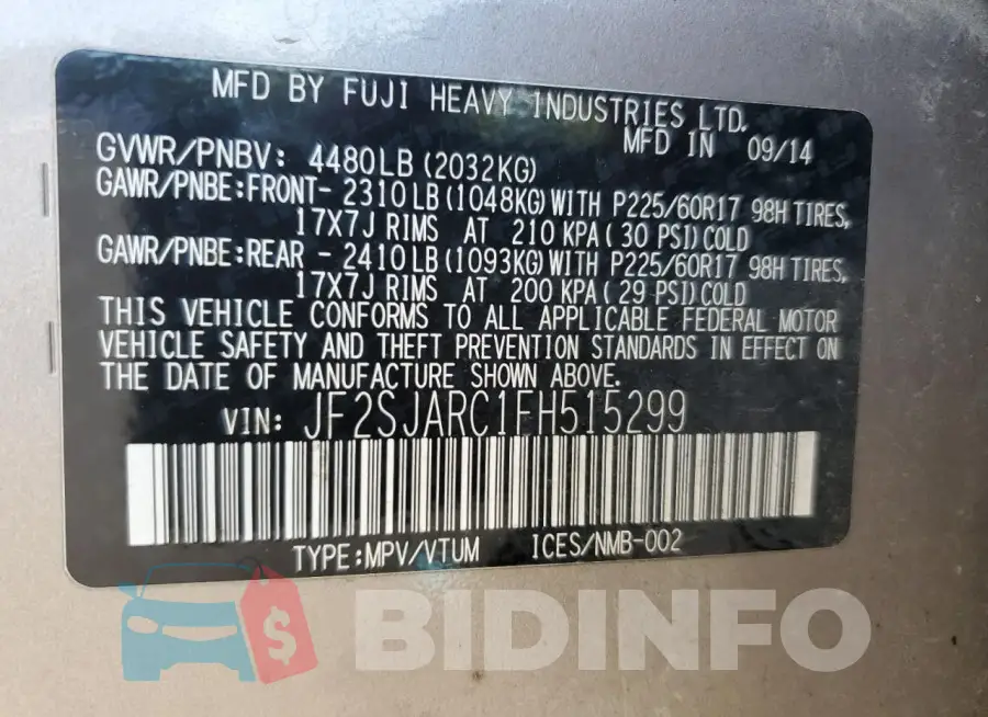 JF2SJARC1FH515299 Photo# 12