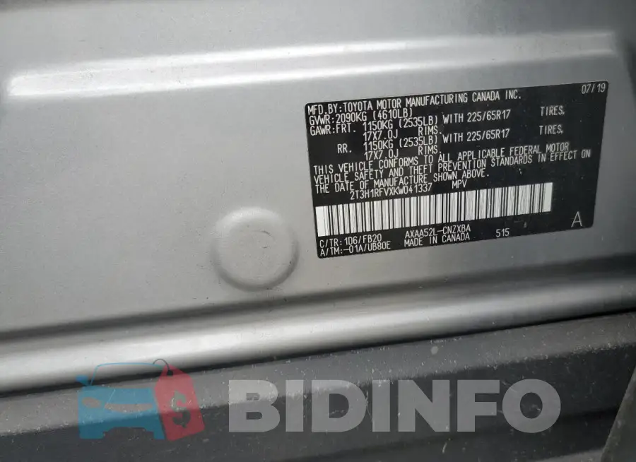 2T3H1RFVXKW041337 Photo# 13