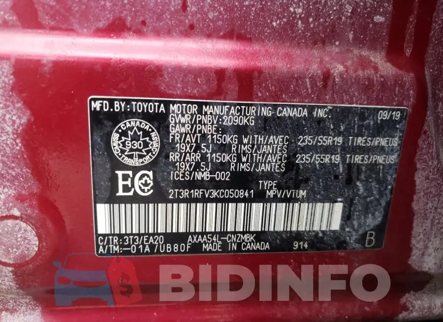 2T3R1RFV3KC050841 Photo# 13