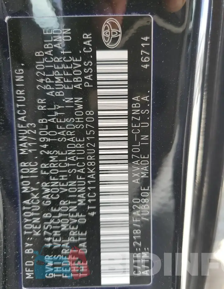 4T1C11AK8RU215708 Photo# 12