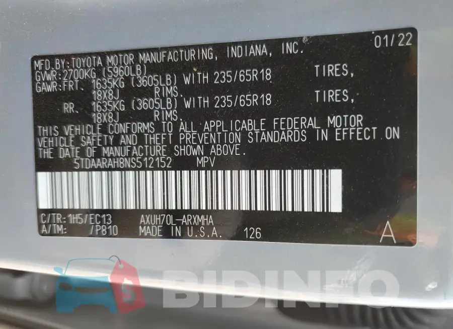 5TDAARAH8NS512152 Photo# 13
