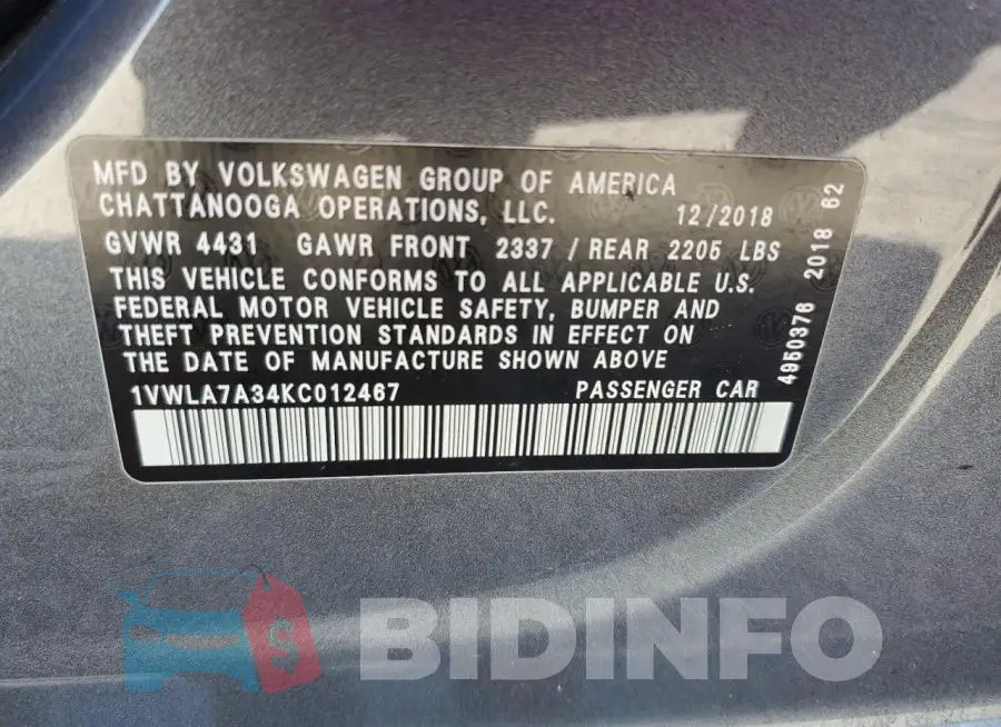 1VWLA7A34KC012467 Photo# 13