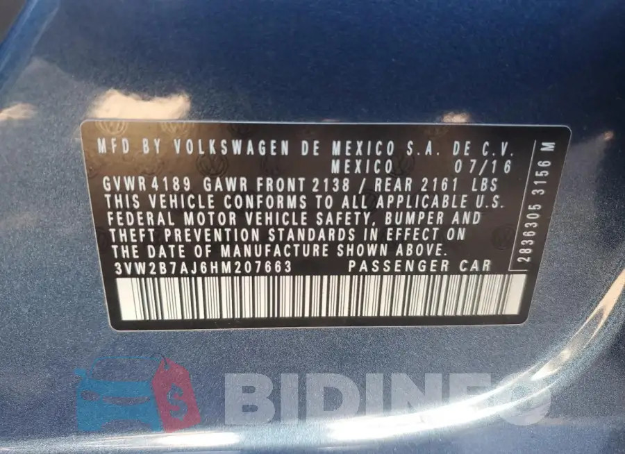 3VW2B7AJ6HM207663 Photo# 12