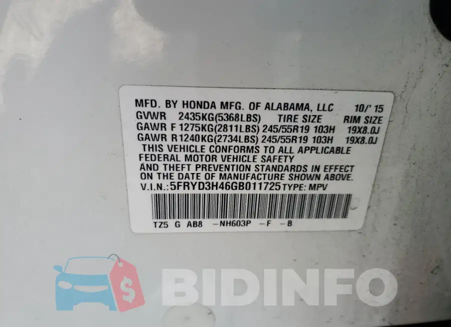 5FRYD3H46GB011725 Photo# 13