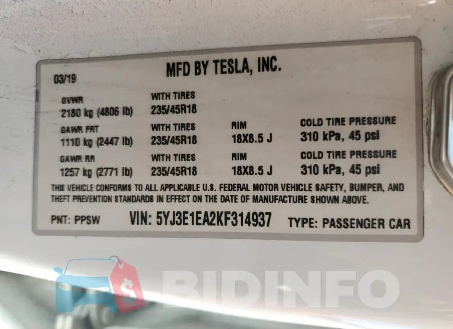 5YJ3E1EA2KF314937 Photo# 12