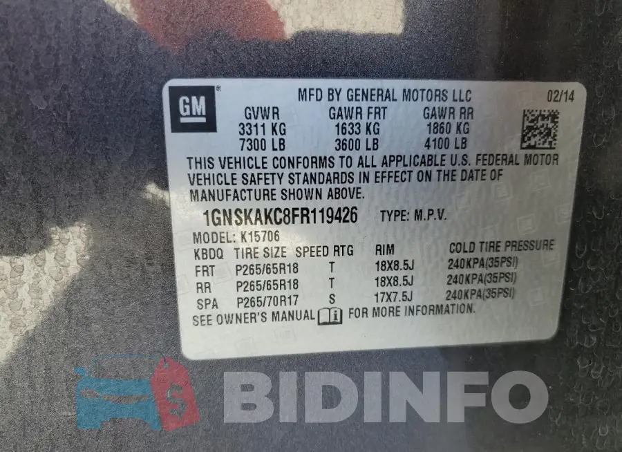 1GNSKAKC8FR119426 Photo# 13
