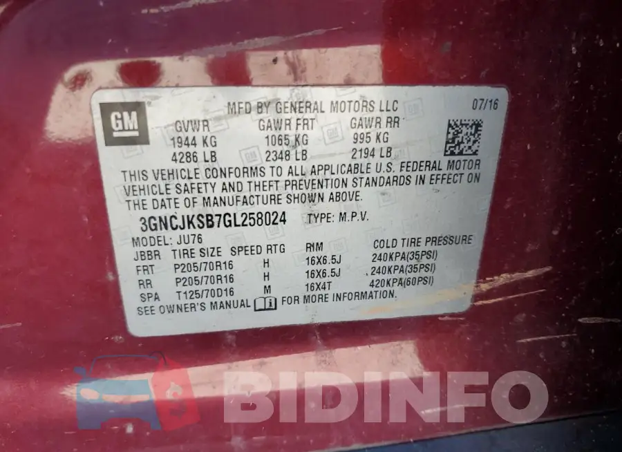3GNCJKSB7GL258024 Photo# 13
