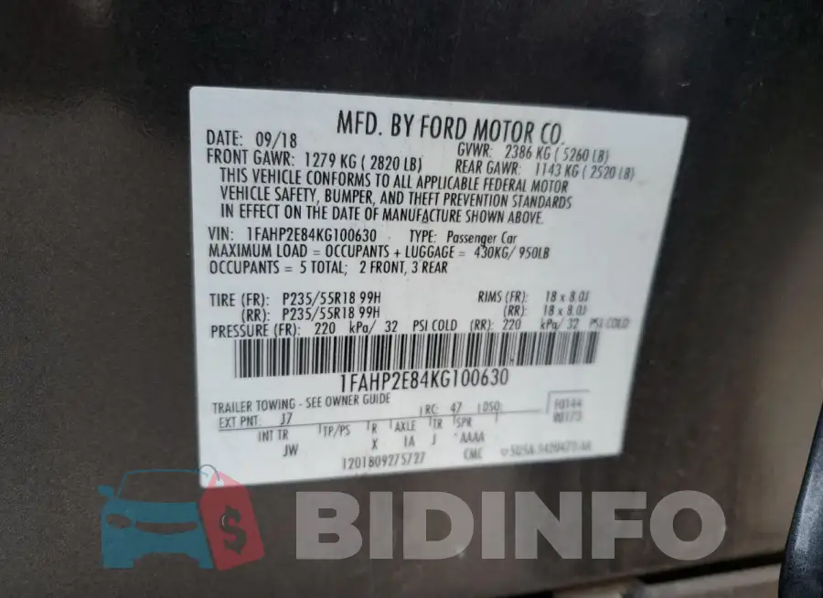 1FAHP2E84KG100630 Photo# 12