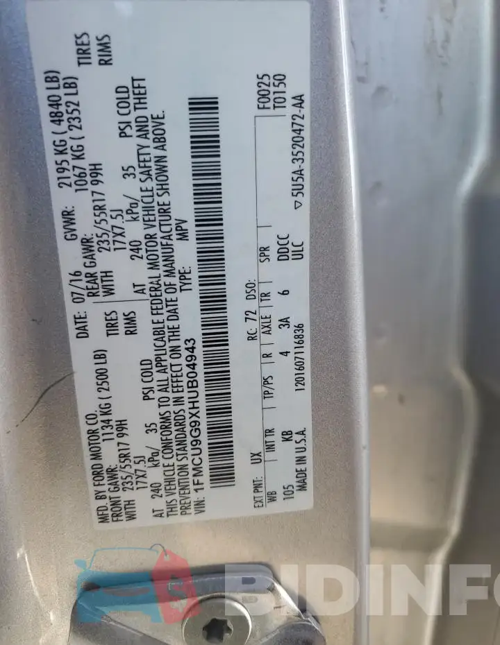 1FMCU9G9XHUB04943 Photo# 13