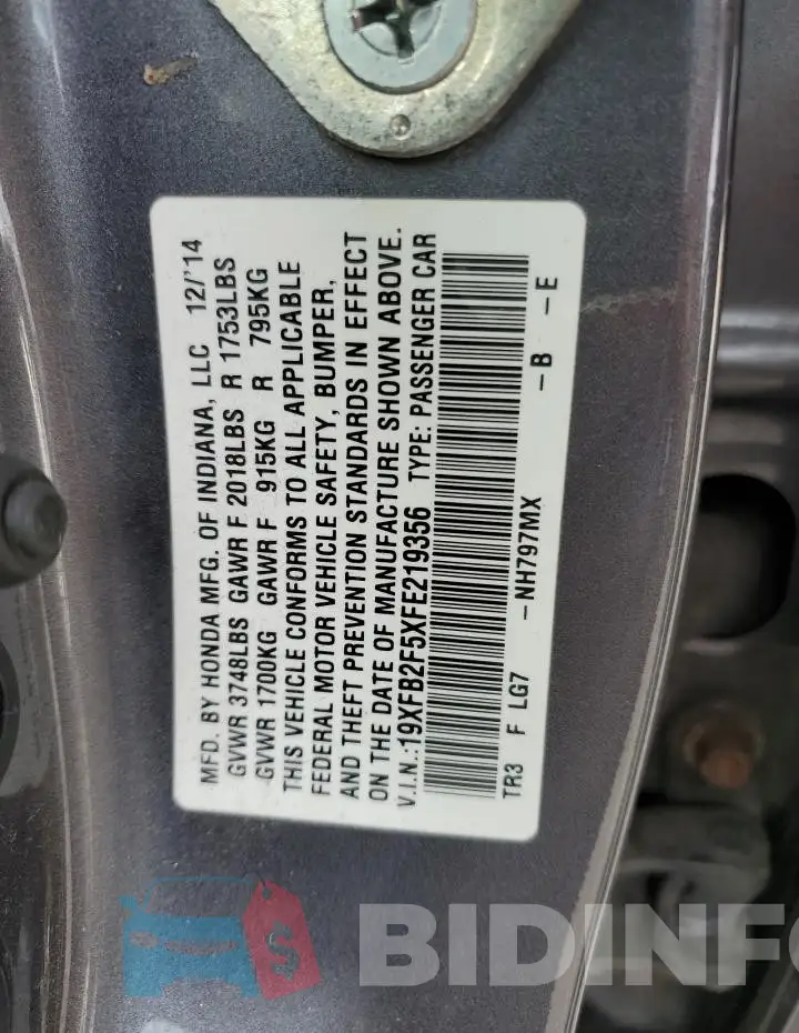19XFB2F5XFE219356 Photo# 12