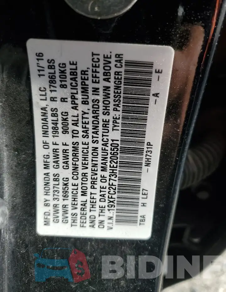 19XFC2F73HE206501 Photo# 12