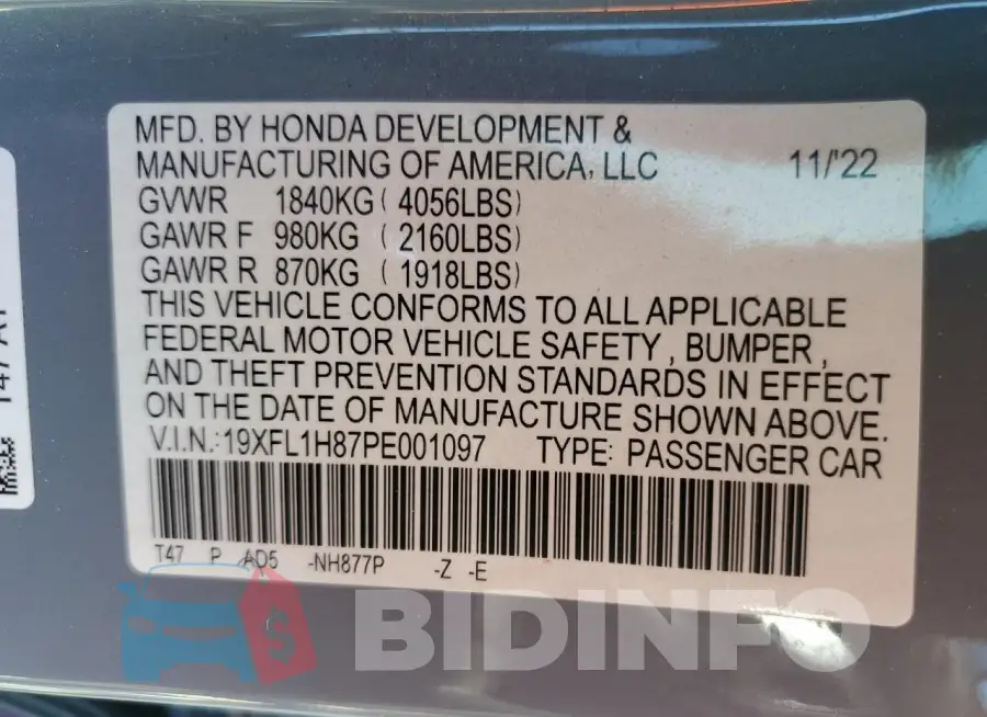 19XFL1H87PE001097 Photo# 12