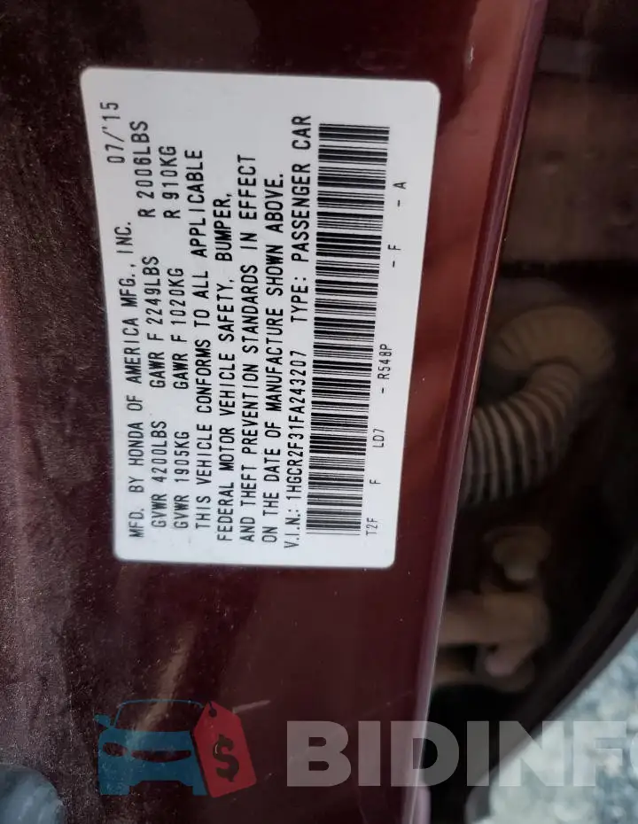 1HGCR2F31FA243207 Photo# 12