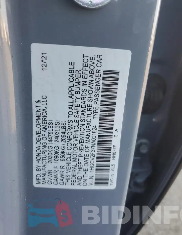 1HGCV2F37NA001824 Photo# 12