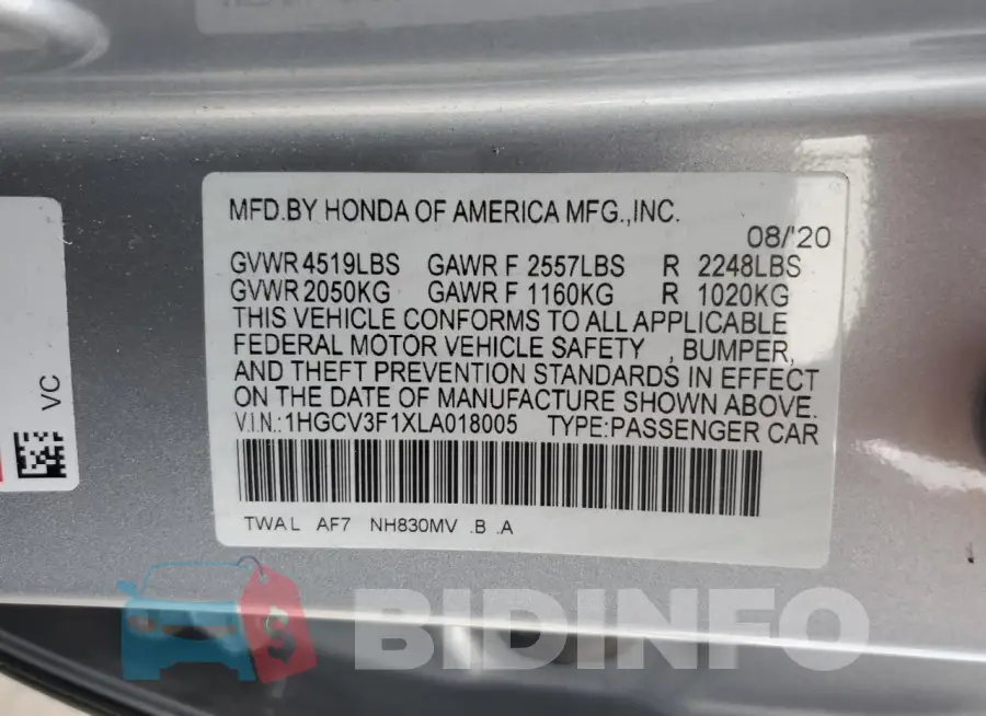 1HGCV3F1XLA018005 Photo# 12