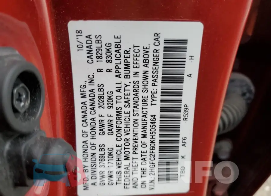 2HGFC2F60KH505464 Photo# 13