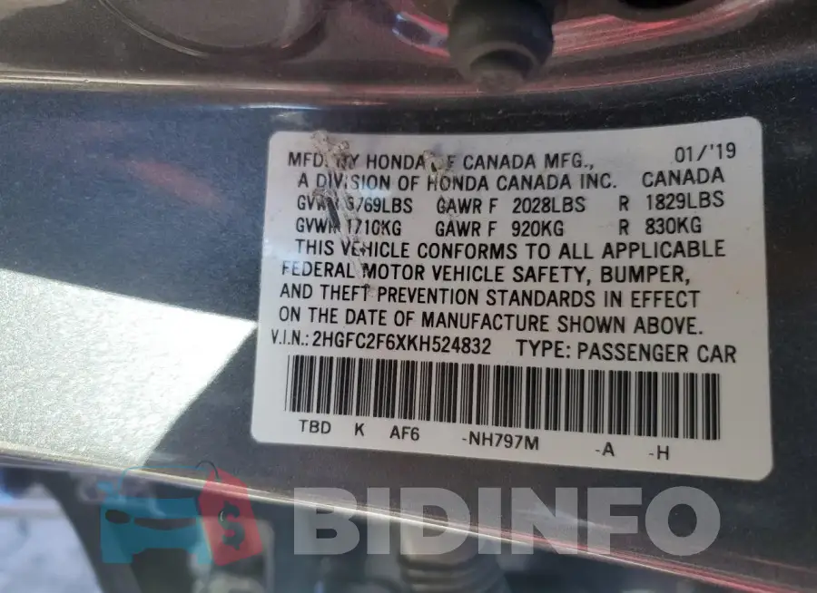 2HGFC2F6XKH524832 Photo# 12