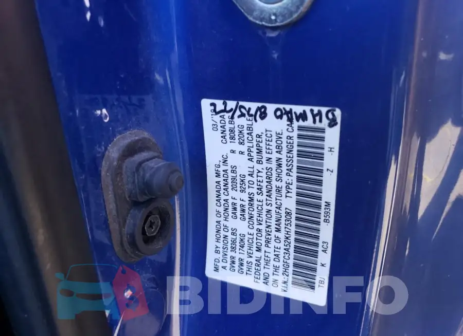 2HGFC3A52KH753087 Photo# 12