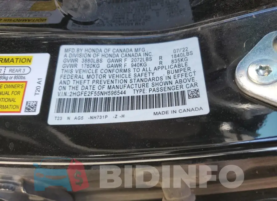 2HGFE2F55NH596544 Photo# 12